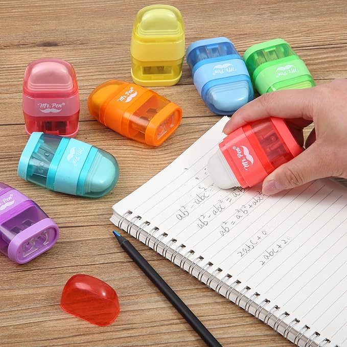 Mr. Pen- Pencil Sharpener & Eraser, 4 Pack, 2-in-1 Manual Sharpeners with Canister, 2 Sharpening Holes for Standard & Jumbo Pencils, Colorful Dual Hole Design for School, Office, Home, Kids