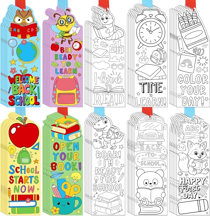100Pcs Back to School Color Your Own Bookmarks Cute Apple Pencil Bus Animal DIY Coloring Blank Bookmarks with Ribbon Art Crafts Supplies Classroom Rewards Gifts Party Favors for Kids Students Teachers