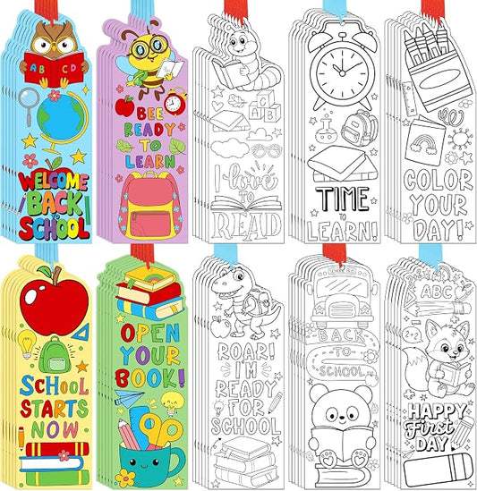 100Pcs Back to School Color Your Own Bookmarks Cute Apple Pencil Bus Animal DIY Coloring Blank Bookmarks with Ribbon Art Crafts Supplies Classroom Rewards Gifts Party Favors for Kids Students Teachers