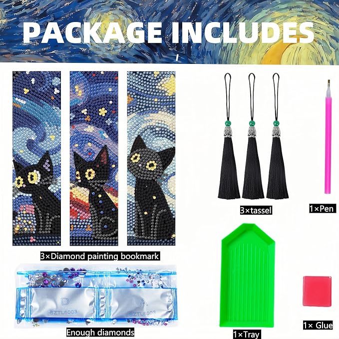 3 Pcs Cat Diamond Painting Bookmarks,Mandala Diamond Art Bookmarks with Tassel, Diamond Art Painting Kits for Beginners Adults DIY Art Craft Gifts Book Decors