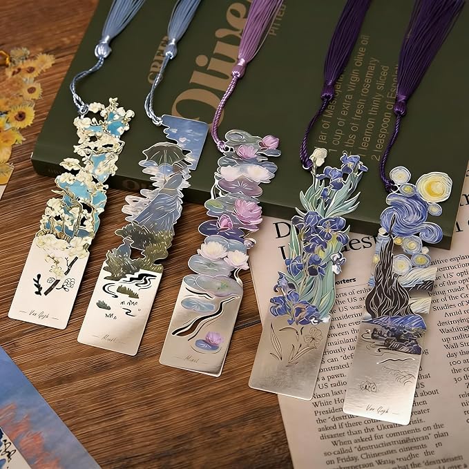 4 Pcs Metal Bookmarks with Tassel, Sliver Hollow Bookmark Van Gogh Oil Painting Theme Bookmark Art Bookmarks for Book Lovers Writers Readers Children Teens Men Women Adults (Van Gogh Gift Box)