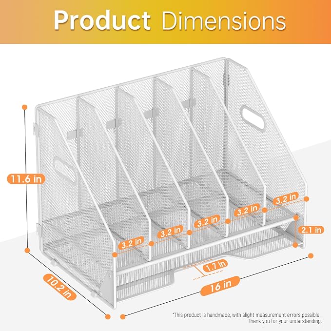 Docnest Desk File Holder Sorter, 5 Vertical Compartments Rack with Letter Tray, Mesh Magazine File Holder with Handle,Workspace Organizers,Desk Organizers for Paper, Mail, Documents-White