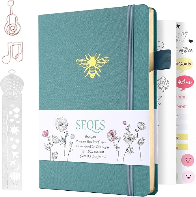 A5 Bullet Dotted Journal Notebook | 160gsm Thick Bleedproof Paper, Lay Flat Binding, 160 Numbered Pages | Hard Cover Dot Grid Notebook/Bullet Journals for Creatives & Professionals-BEE
