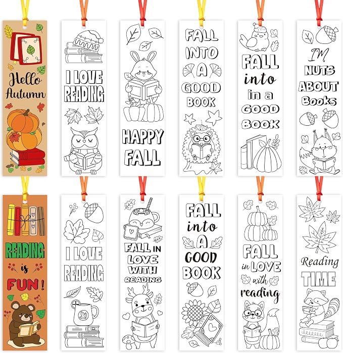 ANGOLIO Fall Animal Coloring Bookmarks - 123Pcs Autumn Animals Color Your Own Bookmarks for Kids, Squirrels Hedgehogs Blank DIY Art Crafts for Classroom Party Favors Reading Rewards Goodie Bag Fillers