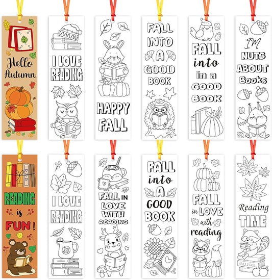 ANGOLIO Fall Animal Coloring Bookmarks - 123Pcs Autumn Animals Color Your Own Bookmarks for Kids, Squirrels Hedgehogs Blank DIY Art Crafts for Classroom Party Favors Reading Rewards Goodie Bag Fillers