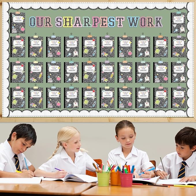 Wiooffen 154 Pcs Student Work Display Bulletin Board Set Cutouts with Clips Names Display Inspirational Student Works Classroom Wall Decor for Teachers Back to School Supplies Composition Notebook
