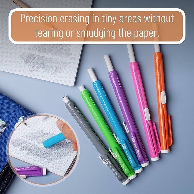 Mr. Pen- Retractable Mechanical Eraser Pens, 6 Pack, Vibrant Colors, Latex-Free Precision Pencil Erasers for Artists, Students, Drawing, Sketching & Drafting