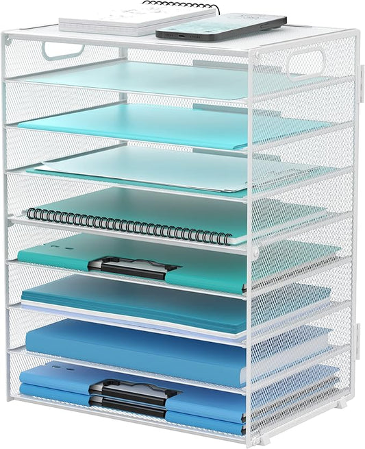 DALTACK 9-Tier Paper Organizer for Desk, Mesh Letter Tray Desk Organizer with Handles, Space-Saving File Organizer for Office Home School, White