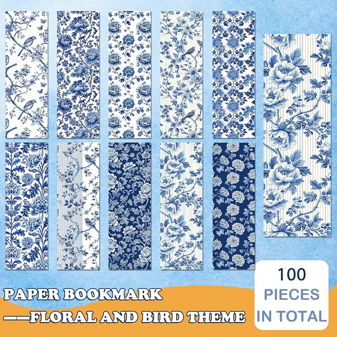 Blue and White Floral Paper Bookmarks Set, 100 Pcs Chinoiserie Style Double-Sided Matte Laminated Book Marks, Elegant Reading Accessories Gifts for Women and Book Lovers