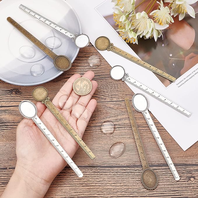 SUNNYCLUE 1 Box 16Pcs DIY 8 Sets Bookmarks Vintage Style Bookmark Making Kit Ruler Metal Book Mark Trays Glass Clear Dome Cabochon Oval Round Blank Flower Pattern Tray for DIY Craft Handmade Gift