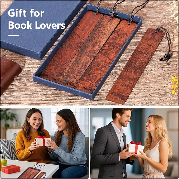 4Pcs Wood Bookmark for Men Father's Day, Adventure Scenery Wooden Carving Book Mark Gift for Men Boy Book Lovers