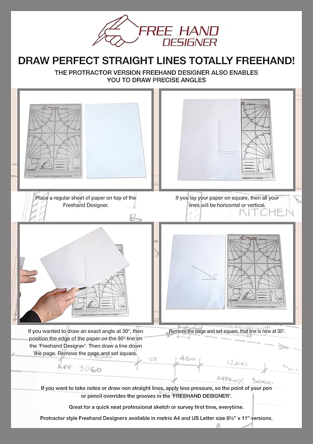 2 x Lettersize 'Freehand Designer' Sheets. Draw Perfect Straight Lines Templates. 1 x Grid Sheet for Scale Drawings, 1 x Protractor Sheet for Angles.