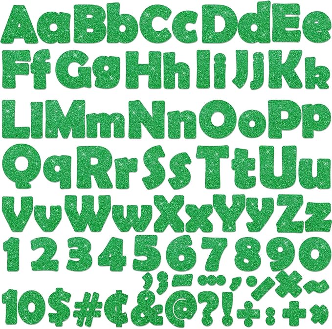 Qyeahkj 260Pcs Glitter Green Spring Bulletin Board Letters for Classroom 4” St. Patrick's Day Letter Combo Pack Set Numbers Alphabet Board Punctuation Symbol Cutout for School Classroom Wall Decor