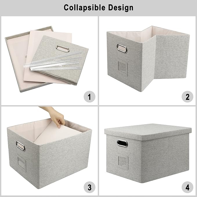 Graciadeco File Organizer Box, Collapsible Storage Filling Collectior with Lid for Letter Legal Size Hanging Folders Decorative Linen File Folder Box Document Storage Filing Bin, Beige 2 Pack