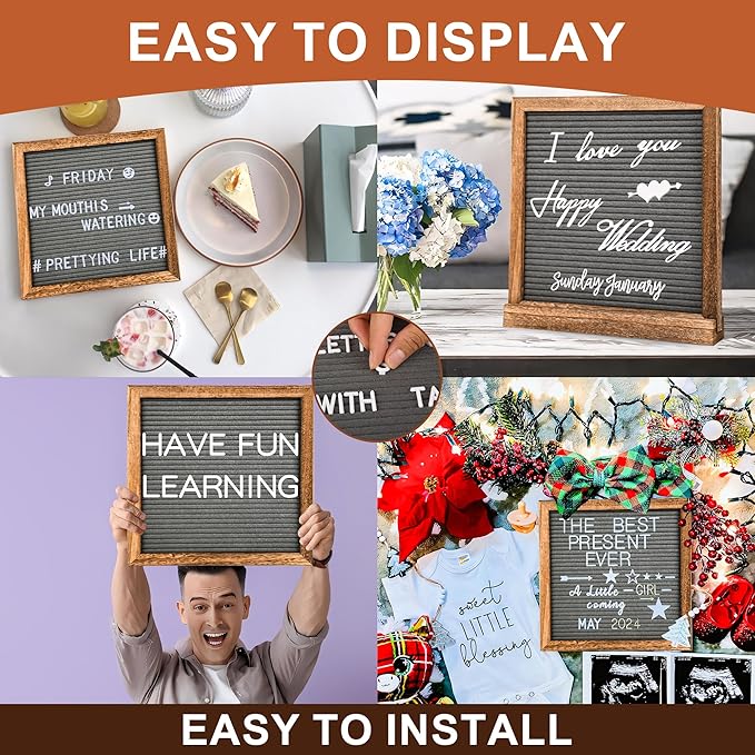 10" x 10" Double Sided Chalkboard Sign with Stand, Small Chalk Board Blackboard Wood Frame Felt Letter Board with 12 Chalk Markers and 340 Letters (Brown)