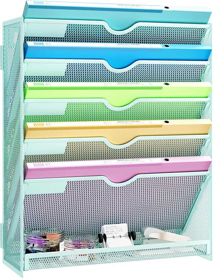 Hanging Wall File Organizer, 6-Tier Mint Green Desk Organizer with Metal Mesh, Foldable Document Organizer for Office Desk, Wall Mount Magazine Rack for Mail/Books/Tablet