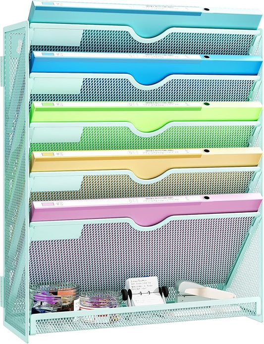 Hanging Wall File Organizer, 6-Tier Mint Green Desk Organizer with Metal Mesh, Foldable Document Organizer for Office Desk, Wall Mount Magazine Rack for Mail/Books/Tablet
