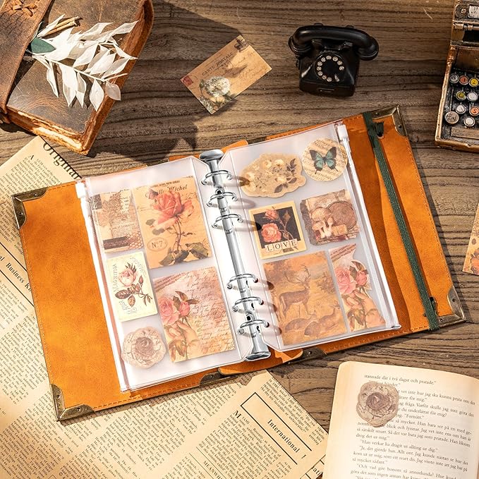 Ovesmusl PU Leather A6 Binder 6 Ring Mini Loose Leaf Binder 5.5”x7.5” No Inserts A6 Planner Binder Leather Cover Refillable Journal Cover, Green Tree