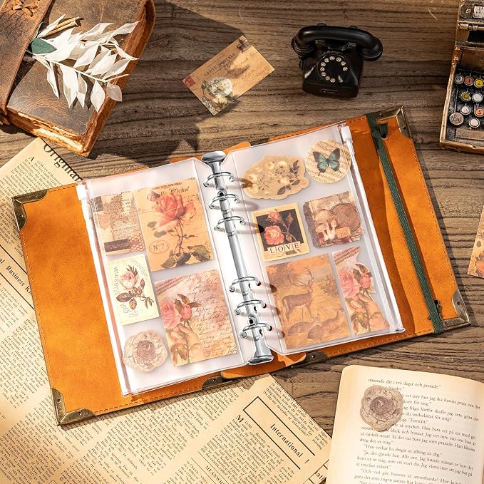 Ovesmusl PU Leather A6 Binder 6 Ring Mini Loose Leaf Binder 5.5”x7.5” No Inserts A6 Planner Binder Leather Cover Refillable Journal Cover, Green Tree