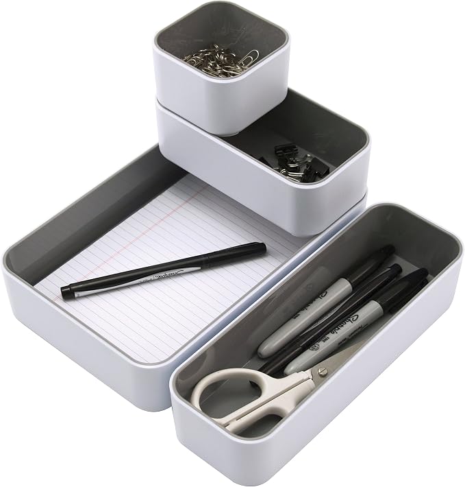 Fusion Advantus Stacking Bins, 4 Compartments, Plastic, 12.1 x 9.1 x 2.2, White/Gray, 4 Pieces