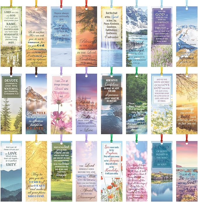 Spakon 120 Pcs Landscape Bible Verse Inspirational Bookmarks Scripture Christian Motivational Bookmarks Encouragement Verse Page Marker with Colorful Ribbons Gifts for Women Men Church Office Supplies