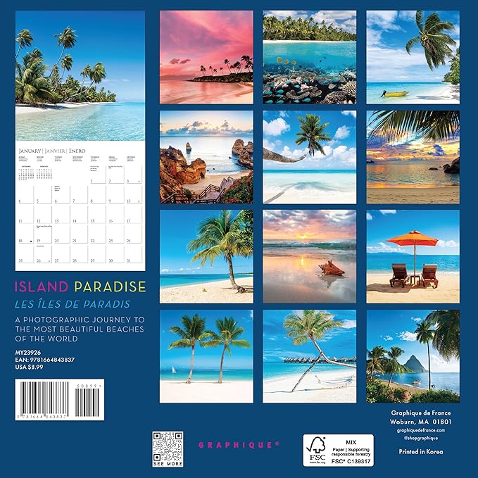 Graphique 2026 Island Paradise Mini Wall Calendar | 7” x 7” | Thick Paper | Home & Office Organizer | Large Monthly Grid | 3 Languages & Marked Holidays | 4 Month Preview Page for 2027