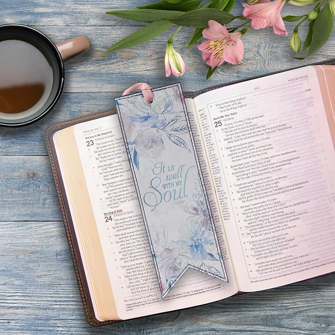 Christian Art Gifts Premium Vegan Faux Leather Scripture Bookmark for Women: It is Well with My Soul Hymn - Inspirational Heat-Debossed Faith-Based Reading Book Accessory w/Ribbon Tassel, Floral Pink