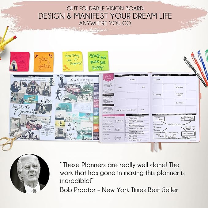 Manifestation Journal – Hourly, Weekly & Monthly Planner | 12-Month to Increase Productivity, Life Organizer & Goal Planner | Spiral Journal, Habit Tracker, Foldable Vision Board, Gift Box & Stickers