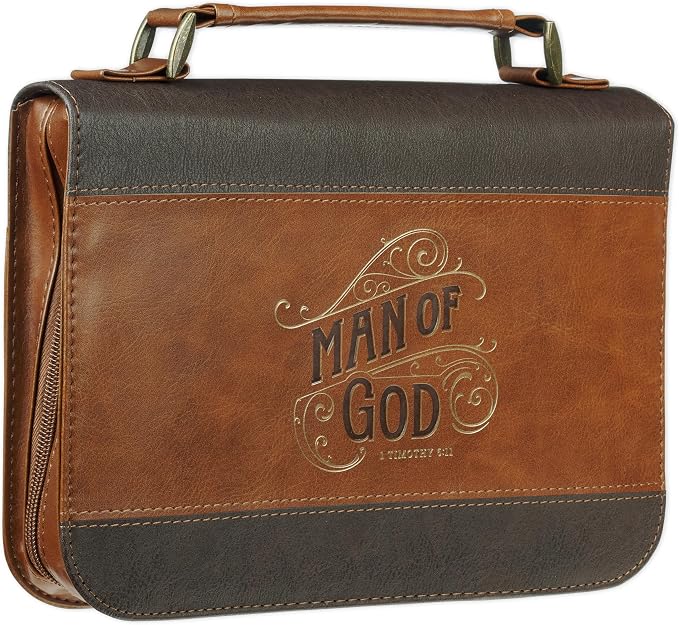 Christian Art Gifts Classic Premium Vegan Leather Inspirational Bible Cover for Men: Man of God Encouraging Bible Verse, Heat-Debossed, Sturdy Pen Loops, Pockets, Easy Carry, Brown & Gold, Large