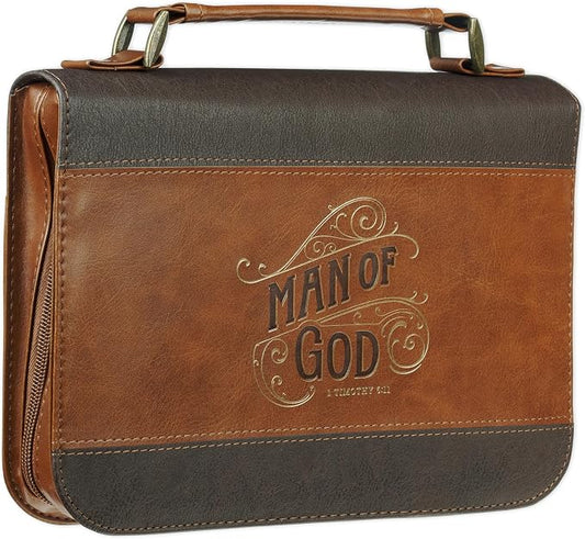 Christian Art Gifts Classic Premium Vegan Leather Inspirational Bible Cover for Men: Man of God Encouraging Bible Verse, Heat-Debossed, Sturdy Pen Loops, Pockets, Easy Carry, Brown & Gold, Large