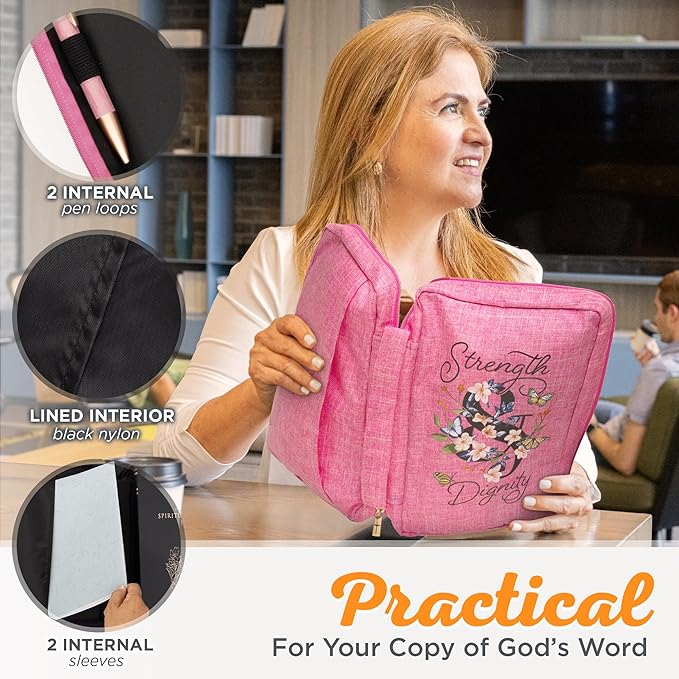 Christian Art Gifts Polyester Canvas Bible Cover for Women w/Zippered Pocket & Pen Storage: Strength & Dignity - Proverbs 31:25 Inspirational Bible Verse Carry Case, Pink Butterfly Floral, Large
