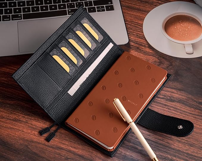 Genuine Leather Cover for Hobonichi Weeks/Weeks Mega with Pen Loop, Card Slots, Back Pocket, and Bookmarks (Black)
