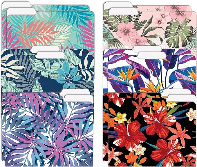 Better Office Products Decorative File Folders, 12 Pack, 6 Unique Designs, Heavyweight, Letter Size (9.5 x 11.5) with 1/3 Cut Tab, Tropical Floral Designs, Fashion Folders
