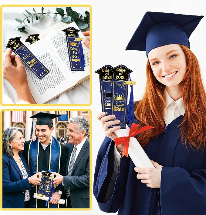 24 Sets 2026 Graduation Gifts Bulk for Students, Congrats Grad Bookmarks with Tassels Blue and Gold Inspirational Senior Party Favors Gift Idea for Him Her High School College University Graduates