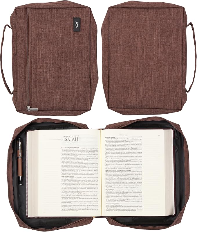 Christian Art Gifts Polyester Bible Cover for Men & Women w/Jesus Fish Patch, Secure Zipper Pocket, Pen Loops, Easy Carry Book Case for Stationery, Accessories, Brown, XL