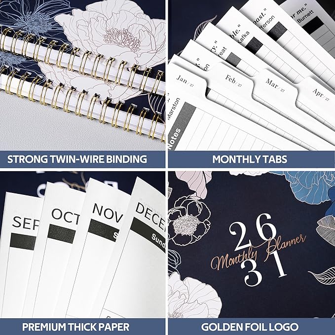 2026-2031 Monthly Planner/Calendar - 5 Year Monthly Planner, July 2026 - June 2031, 9" x 11", 5 Year Calendar 2026-2031 Monthly Planners with Tabs, Notes Pages - Engraved Floral
