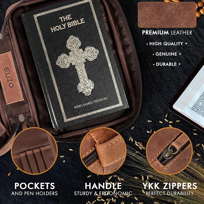 ELIZO Leather Bible Cover for Men Bible Case for Women Zippered Holder Protector Cross Church Tote Bag Carrying Organizer Sleeve Gift Study Saddle