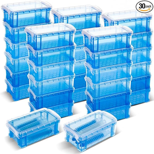 Briwooody 30 Pcs Color Plastic Crayon Box with Lid Color Clear Crayon Organizer Stackable Storage Container Bulk Pastel Holder Case for Office School Classroom Supplies Pen Pencil Art (Blue)