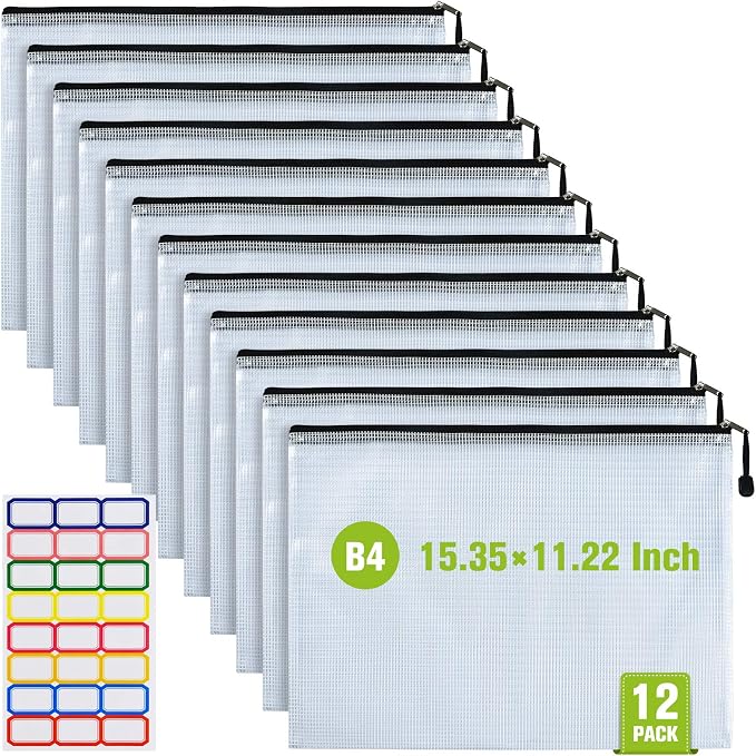 12 Pcs Plastic Mesh Zip File Bags, Waterproof Tear-Resistant Document File Folders, B4 Size Zipper Documents Pouch Document Organizer Bags for School Office Home Travel Storage(15.35×11.22Inch)