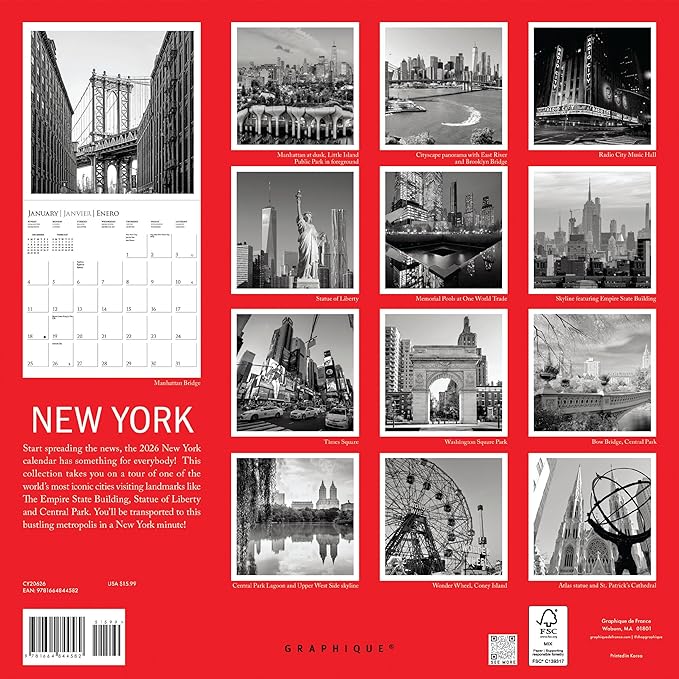 Graphique 2026 New York Wall Calendar | 12” x 12” | Thick Paper | Home & Office Organizer | Large Monthly Grid | 3 Languages & Marked Holidays | 4 Month Preview Page for 2027