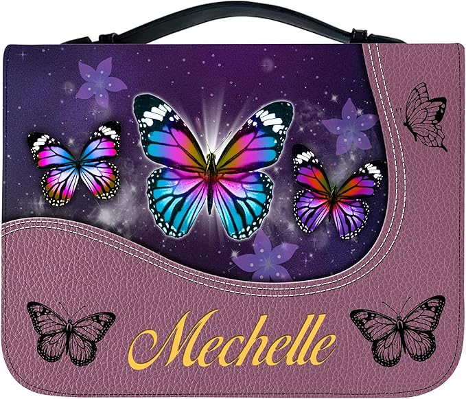 Custom Leather Bible Cover with Name – Personalized Bible Case for Women Zippered with Handle, Bookmark & Storage Pockets, Christian Gift for Mom, Daughter, Grandma (Butterfly, M-2XL)