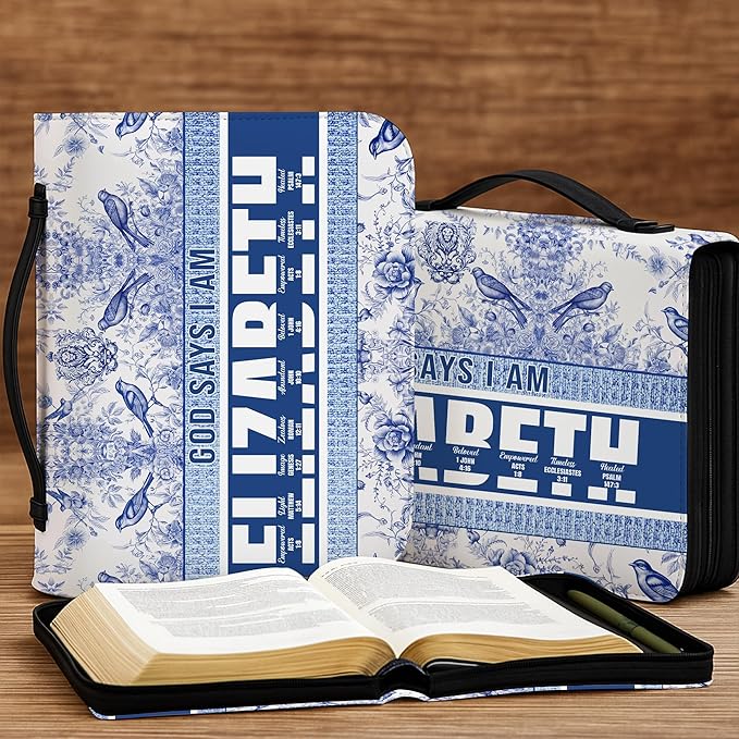 Personalized Man of God Bible Cover, God Says I Am Bible Case PU Leather, Bible Holder Handle Zipper, Faith Scripture with Name Case Bag, Religious Gifts for Church Christians Women Men (GOD-10)