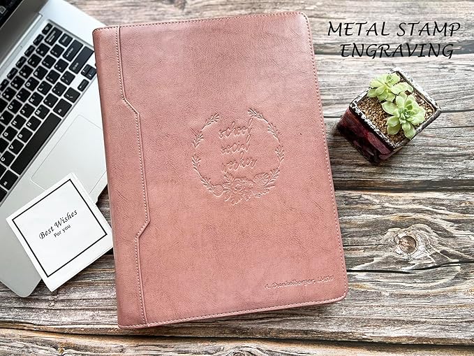 Pink Leather Padfolio for Women, Business Leather Binder 3 Ring Portfolio, Personalzied Leather Portfolio Binder (Pink, Custom)