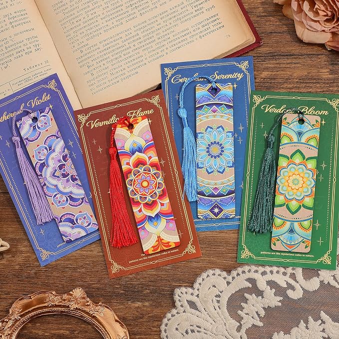 4 PCS Luxury Wooden Bookmarks with Tassel, Mandala Vintage Wood Bookmark, Flower Book Marks Gift for Women Reading Book Lovers Writers Readers Teens Girl Men Adults