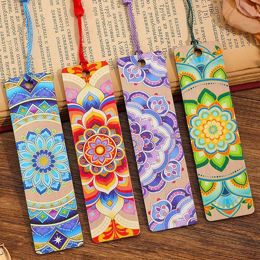 4 PCS Luxury Wooden Bookmarks with Tassel, Mandala Vintage Wood Bookmark, Flower Book Marks Gift for Women Reading Book Lovers Writers Readers Teens Girl Men Adults