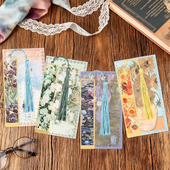 4 Pieces Floral Oil Painting Metal Bookmarks with Tassel,Elegant Book Markers for Readers,Vintage Style Reading Accessories,Gift Set for Book Lovers (4)