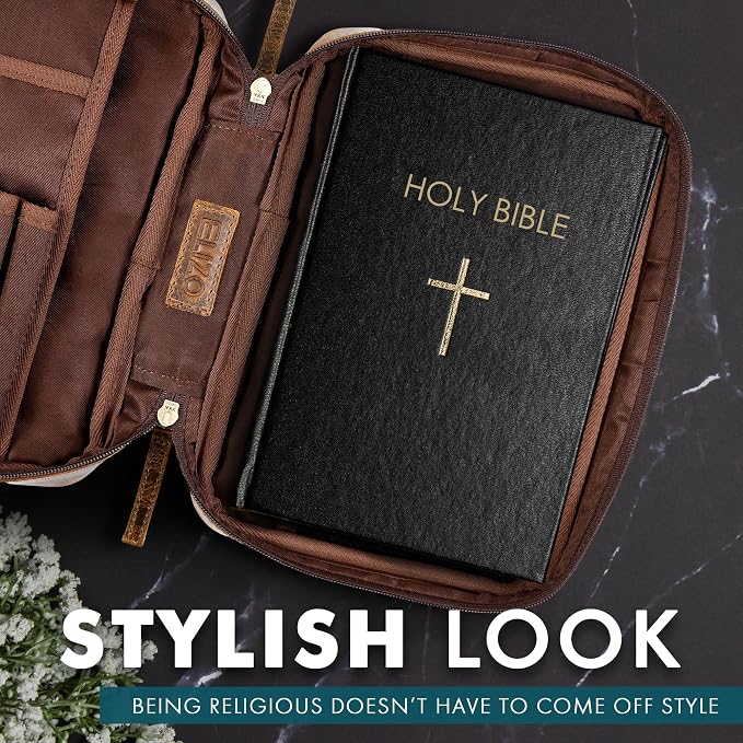 Leather Bible Cover for Men Bible Case for Women Zippered Holder Protector Cross Church Tote Bag Carrying Organizer Sleeve Gift Standard Antique