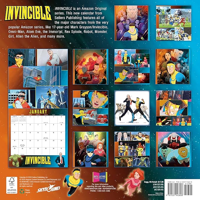 Invincible 2026 Wall Calendar, 12-Month Superhero Comic Art from Amazon Series, 12" x 12", 2026 Wall Calendar and Planner with Comic Book Action Art for Home and Office