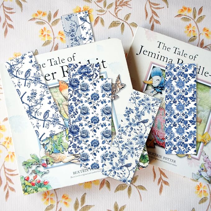 Blue and White Floral Paper Bookmarks Set, 100 Pcs Chinoiserie Style Double-Sided Matte Laminated Book Marks, Elegant Reading Accessories Gifts for Women and Book Lovers