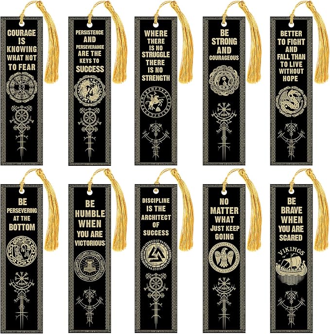 10 Pcs Motivational Bookmarks for Men Christmas Nordic Vikings Bookmarks with Tassels Celtic Book Marker PVC Scandinavian Vikings Book Marks for Xmas Office Employee Teacher Classroom Reader Gift